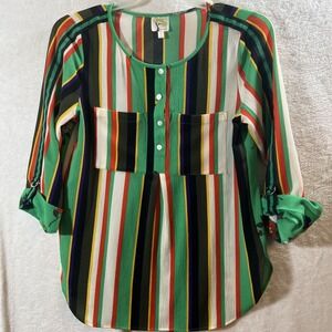 Anthropologie Fig & Flower Top Womens Sz S Multi Stripe Roll Tab Sleeve Pockets